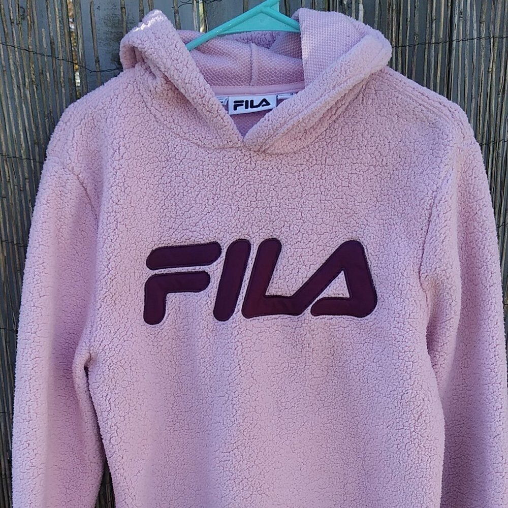 Fila Fuzzy Sherpa Teddy Pink Embroidered Hoodie Women's - M